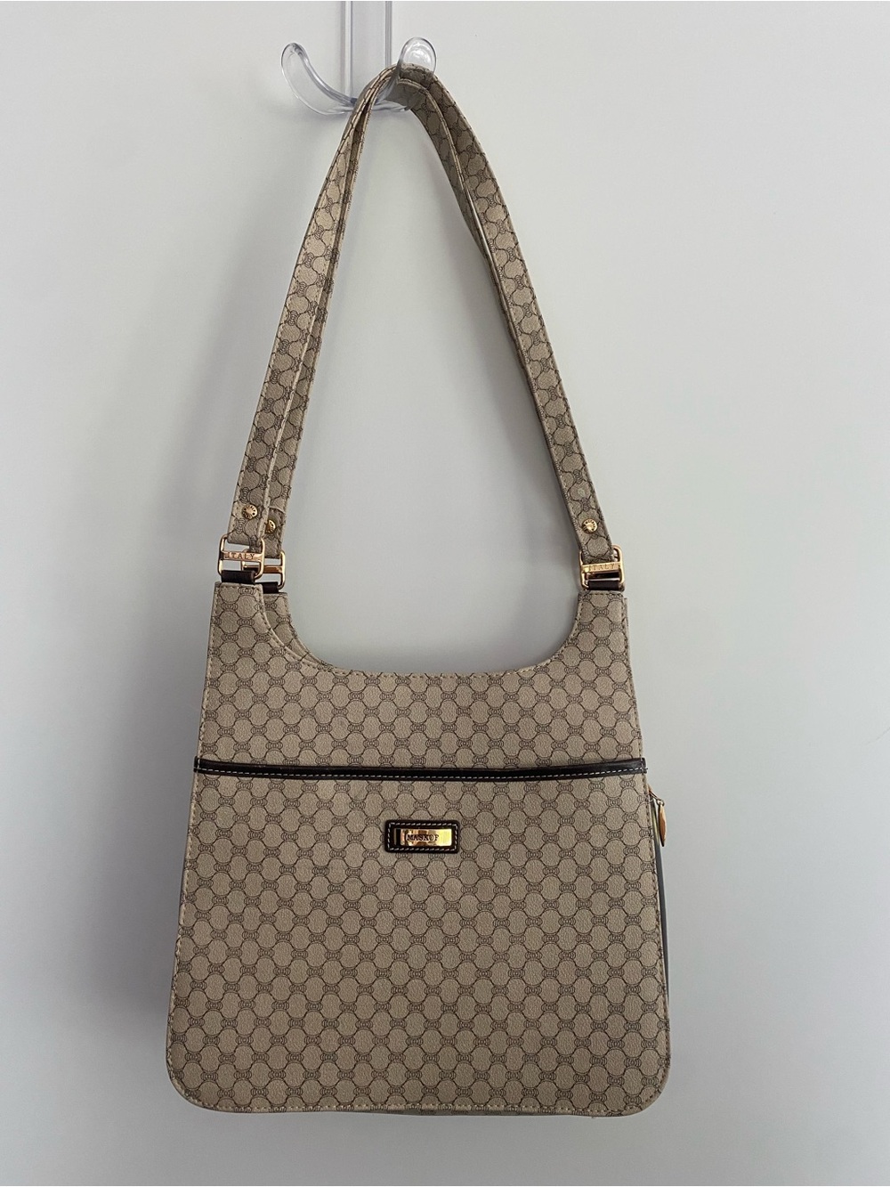 Vintage Maskof Beige Monogram-Print Shoulder Bag with Gold Hardware